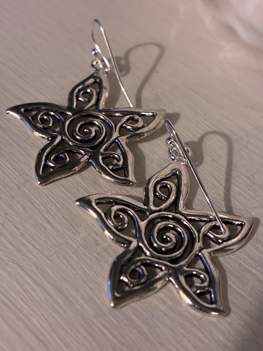Boho style large silver tone star earrings