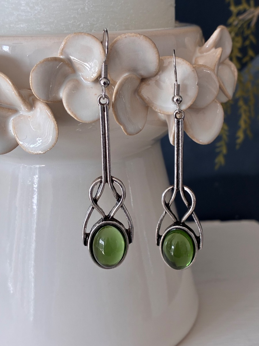 Art deco style green glass and antiqued metal drop earrings