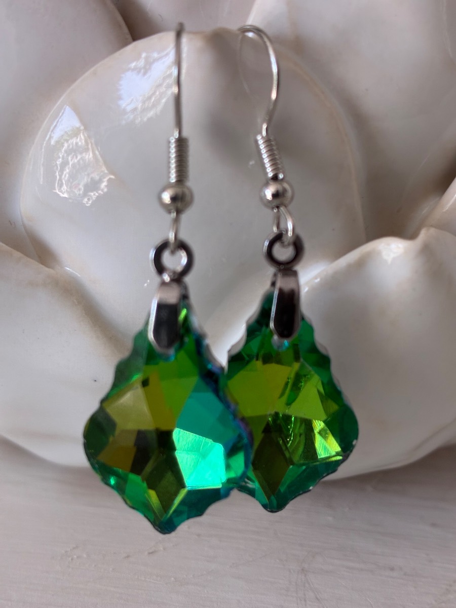 Green crystal multi facet drop earrings