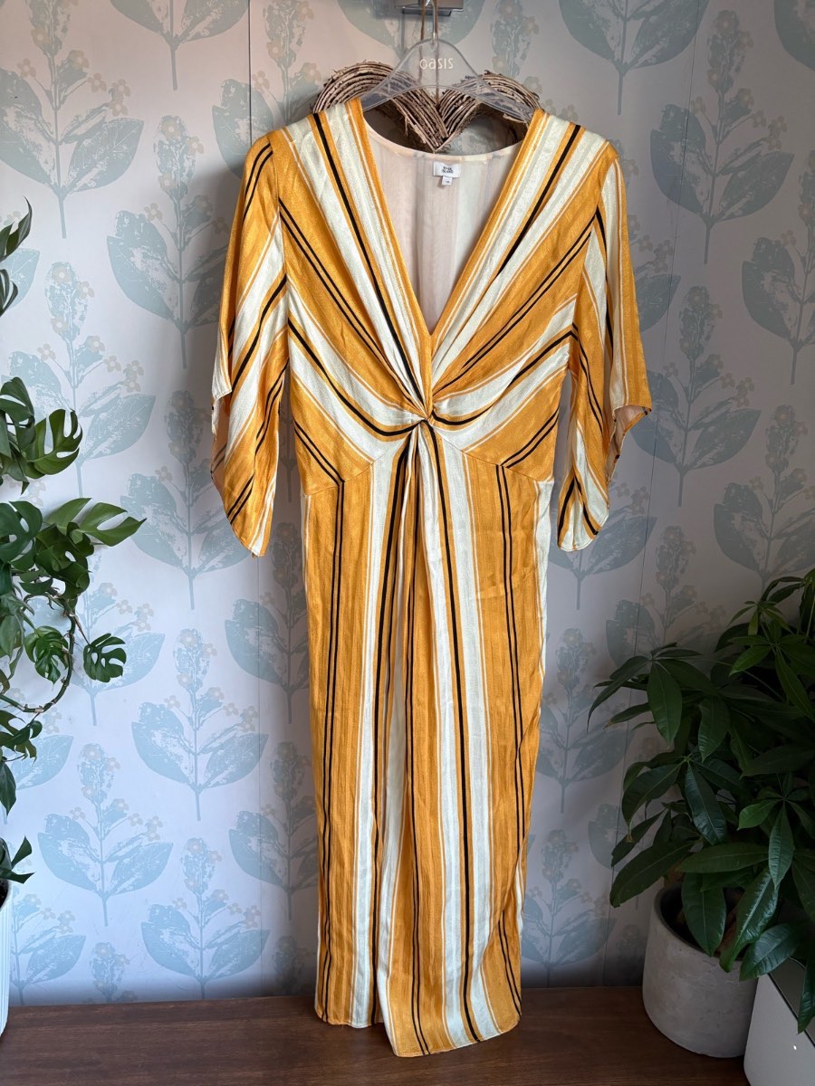 River Island Yellow Striped Knot Front midi Dress (UK 10)