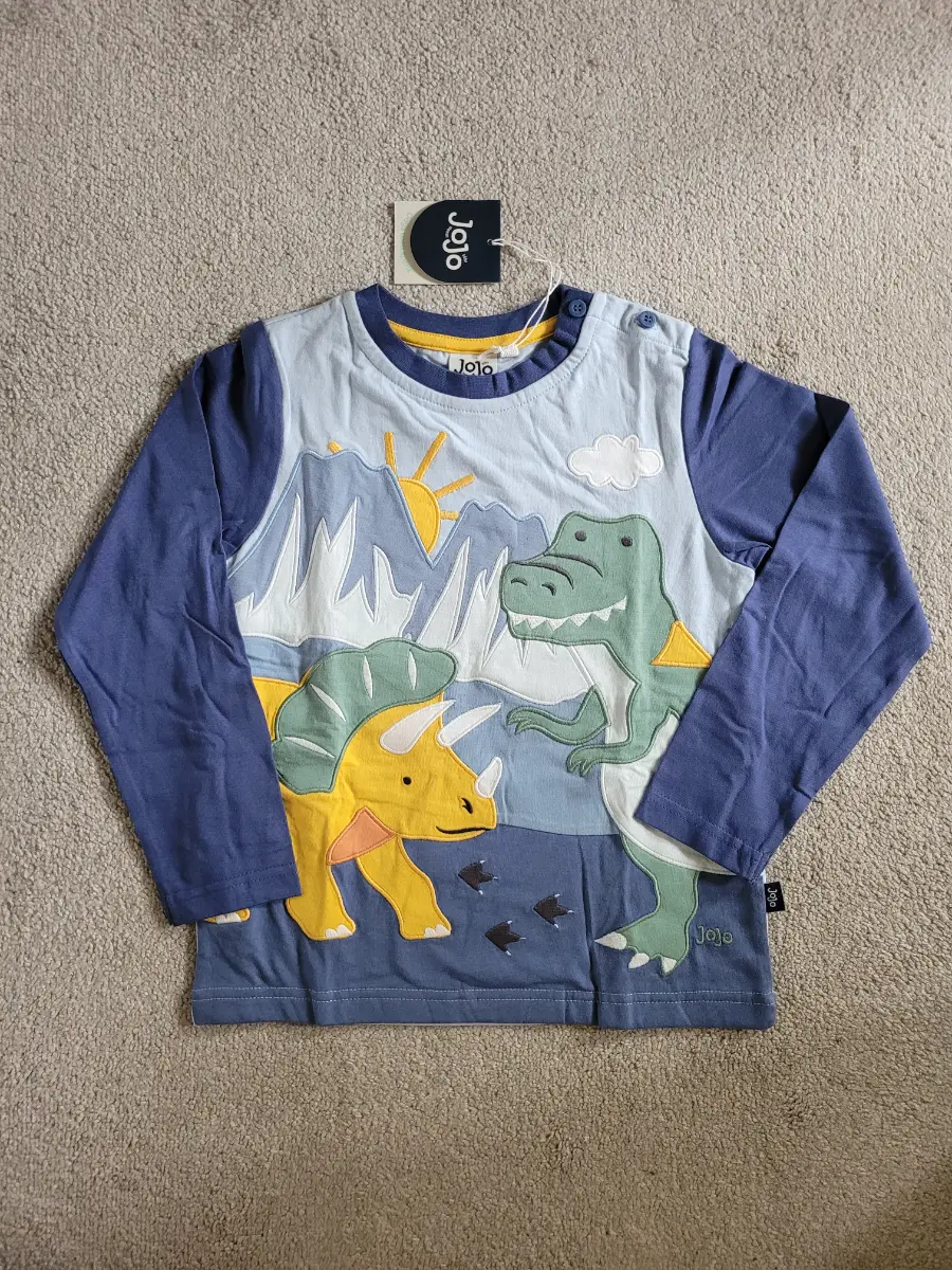 BNWT Jojo Maman Bebe Blue Dinosaur Appliqué Scene Long Sleeve Top. Size 6-7 years