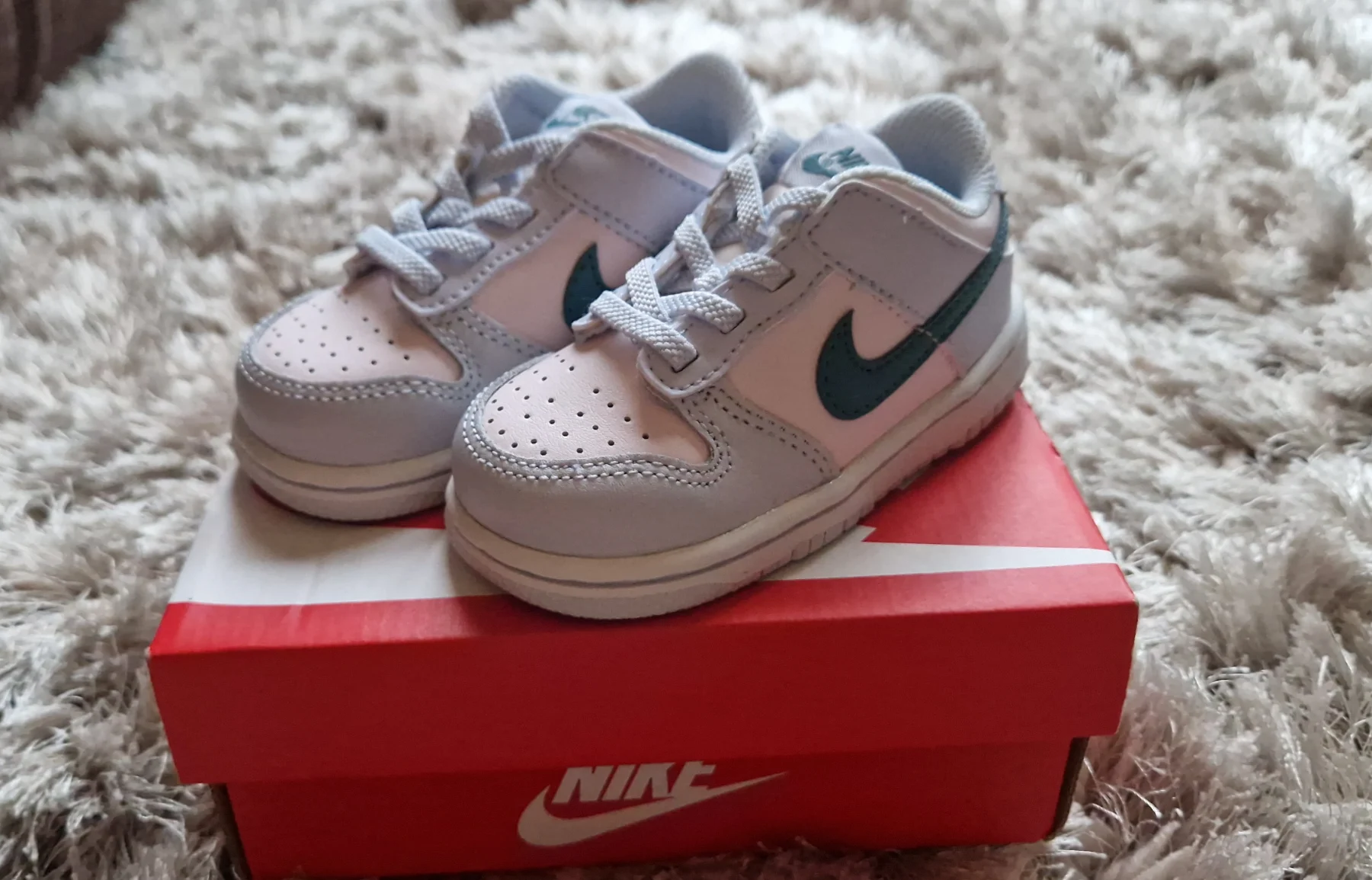 Nike Dunk Low (TDR) in Football Grey/Mineral Teal and Light Pink Size 5.5 Toddler/Baby