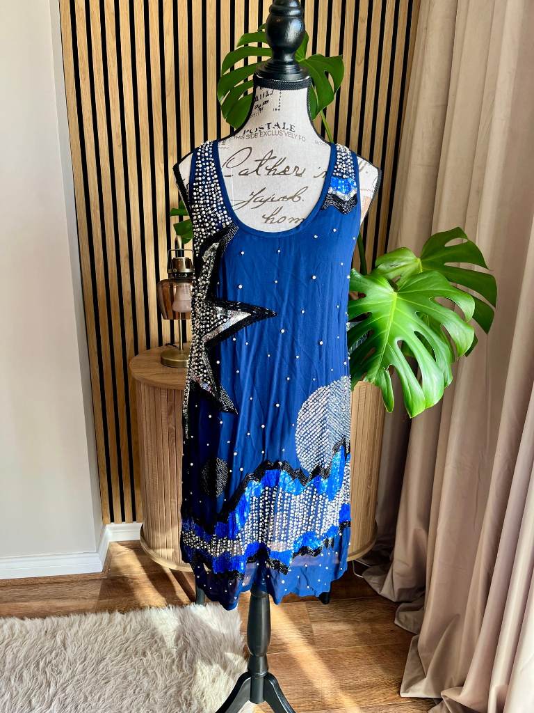 French Connection Navy Cosmic Beaded Sequin Shift Dress Size 12 Occasion