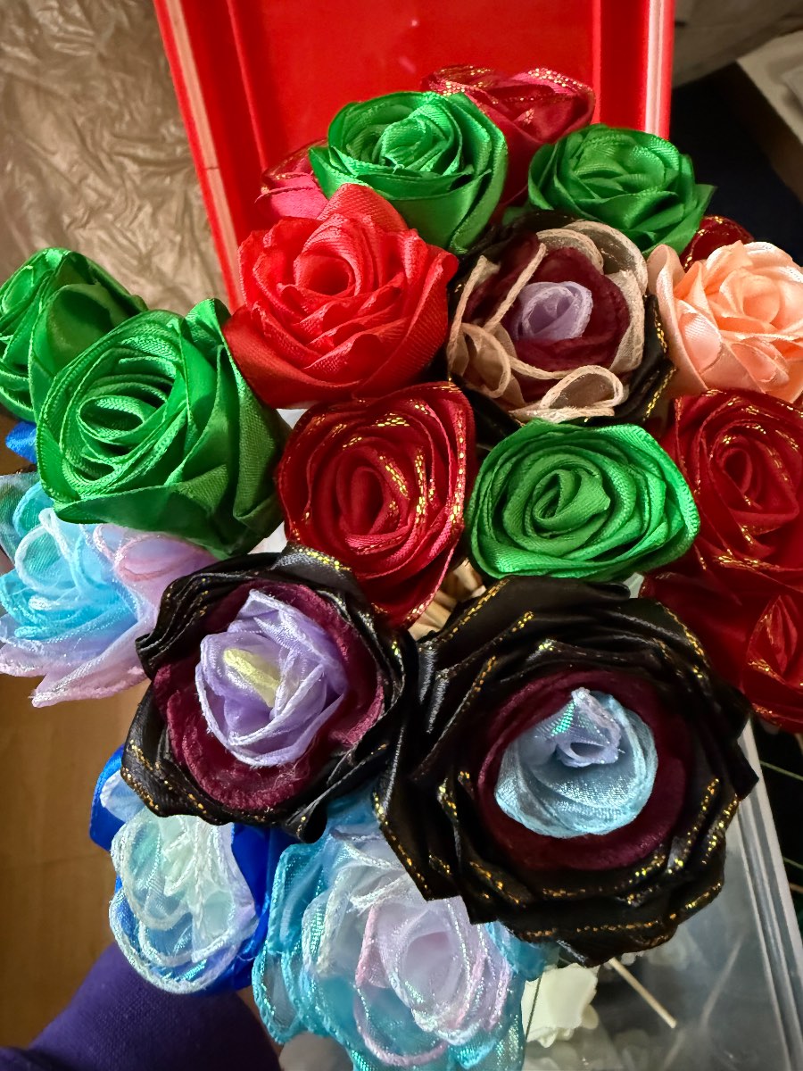Handmade ribbon roses mixed colours