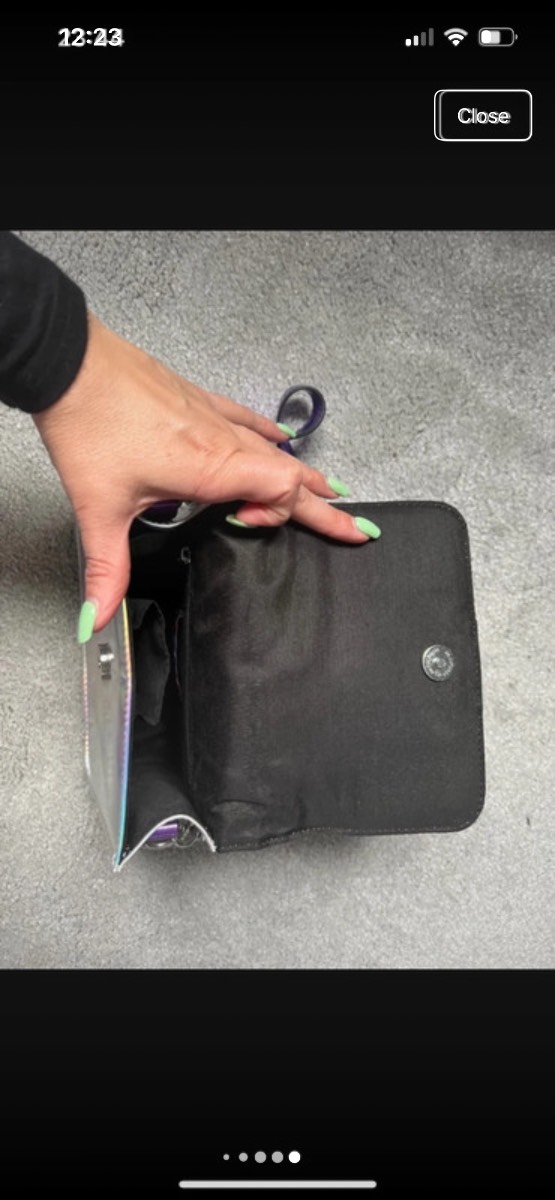 Iridescent silver, and purple handbag