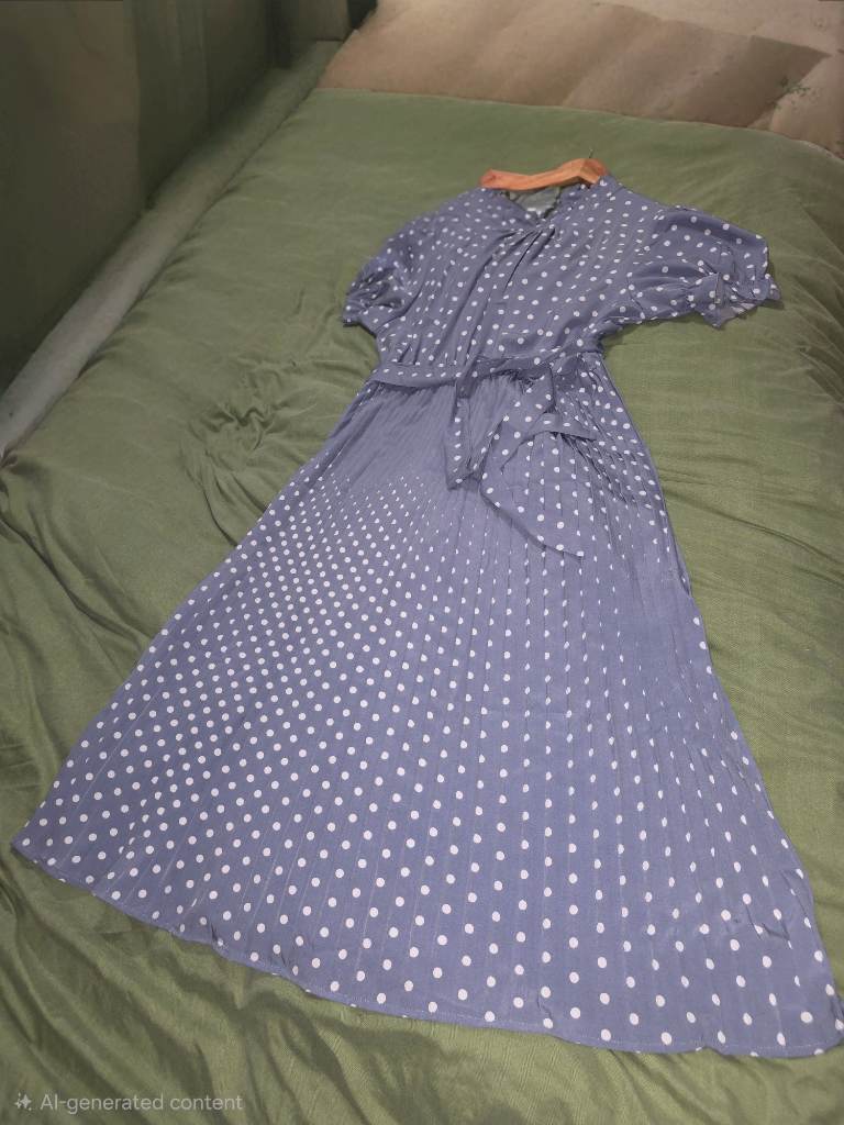 Dusty Blue White Polka Dot Pleated Midi Dress  Puff Sleeve Size 14