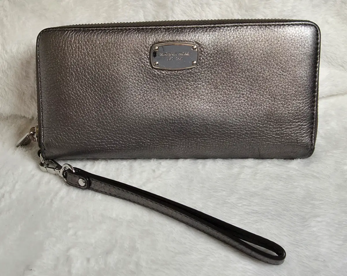 Michael Kors Large Metallic Pewter Zip Around Wristlet Purse Wallet Leather