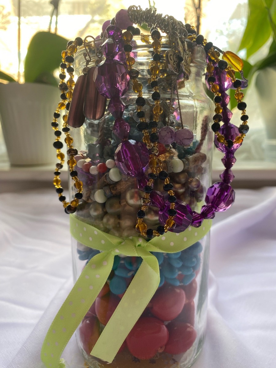 Vintage Costume Jewelry Jar | Gold Tone Purple Amber Beads | Mystery Lot Gift Ready
