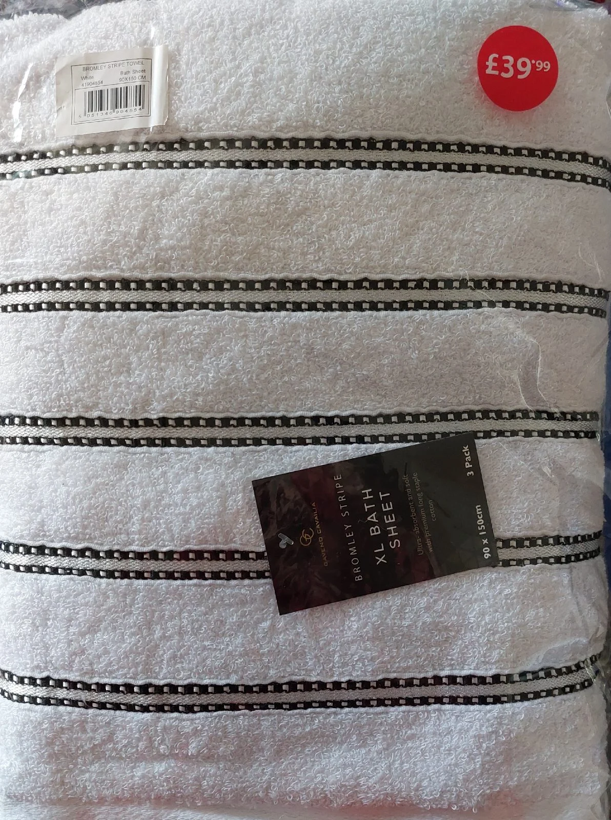 Gavend Cavailia Bromley Stripe 3 Pack of XL Bath Sheets 90cm x 150cm White Grey