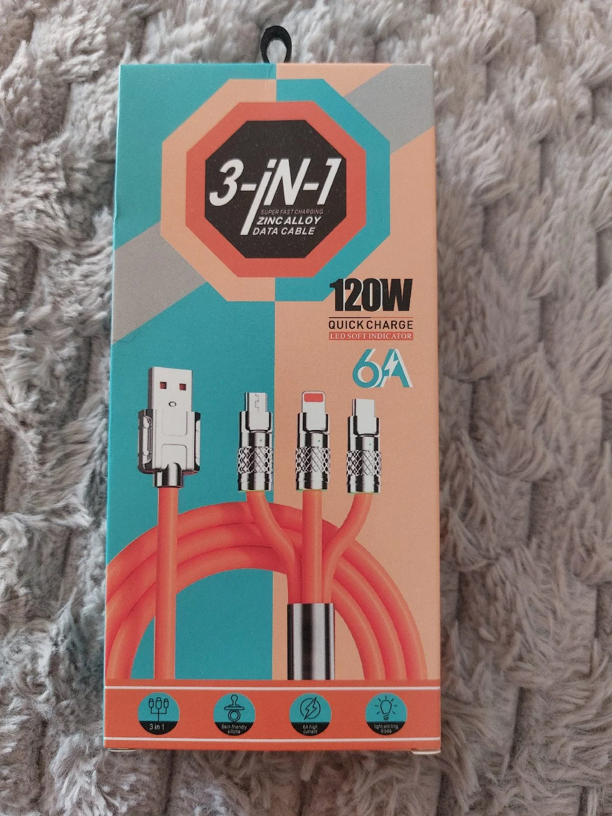 3-IN-1 Zinc Alloy Data Cablr TPE Material Fast Charging Cable Android/IPhone New