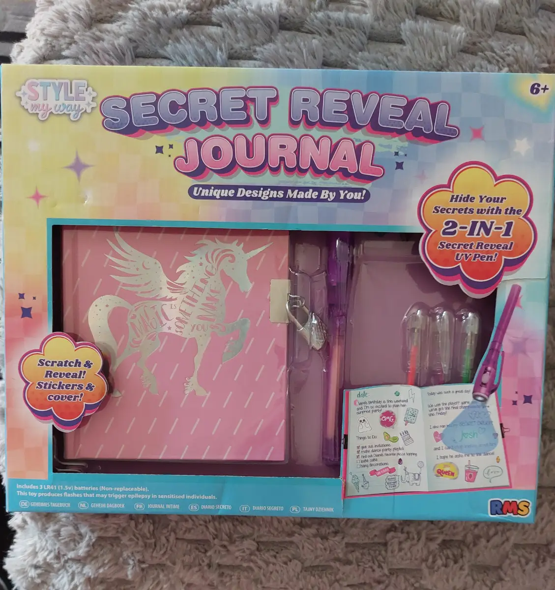 RMS Style My Way Secret Reveal Journal 2-In-1 Secret Reveal Uv Pen Brand New