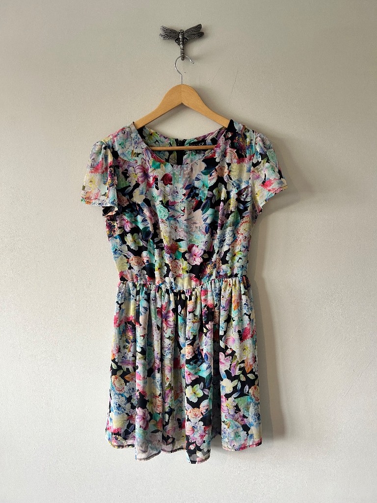 Topshop Multi Floral Flutter Sleeve Mini Dress UK 12 Festival Summer Tea Dress