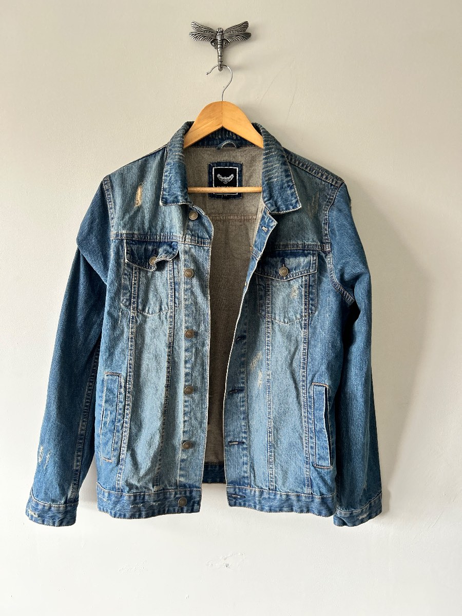 Brave Soul London Denim Trucker Jacket Medium Blue Distressed Mens Coat