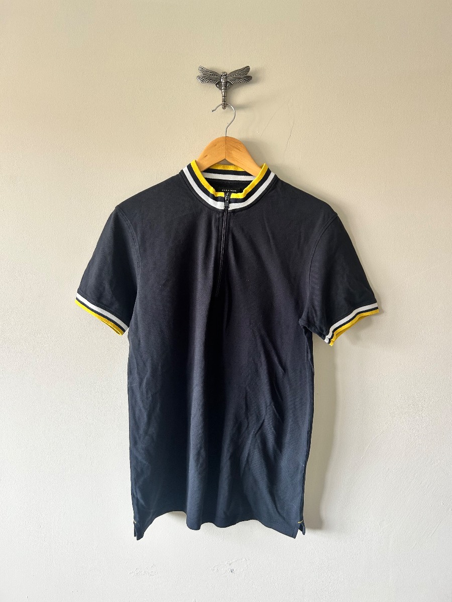 Zara Man Quarter Zip Polo Shirt Large Black Short Sleeve Smart Casual Top