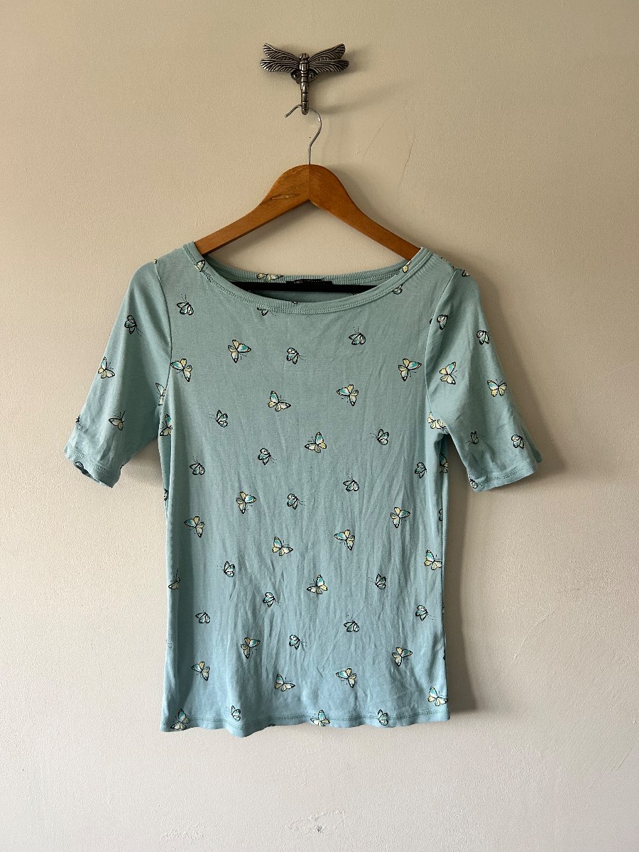 Marks & Spencer Women’s UK 12 Butterfly Print Ribbed T Shirt Mint Green Top