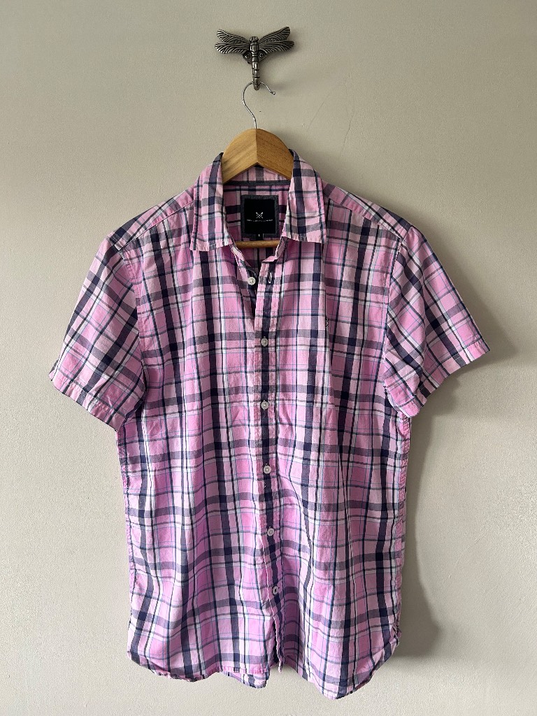 Crew Clothing Pink Navy Checked Shirt Large – Short Sleeve Summer Casual