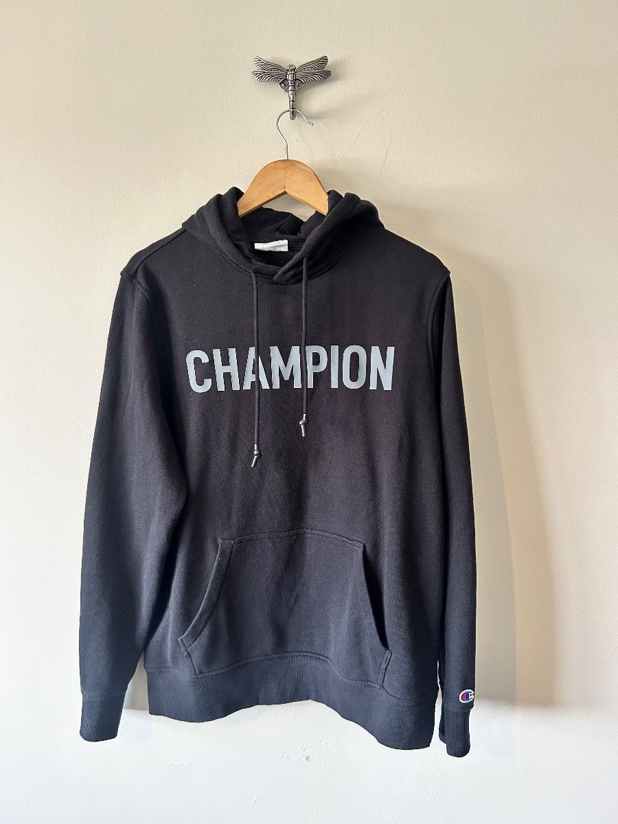 Champion Men’s Black Spellout Hoodie - Grey Logo - Size Medium