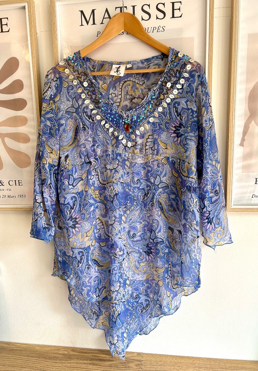 Ibiza Boho Beaded Paisley Top Cover up  S/M | Sequins Shells Handkerchief Hem Y2K Festival Holiday