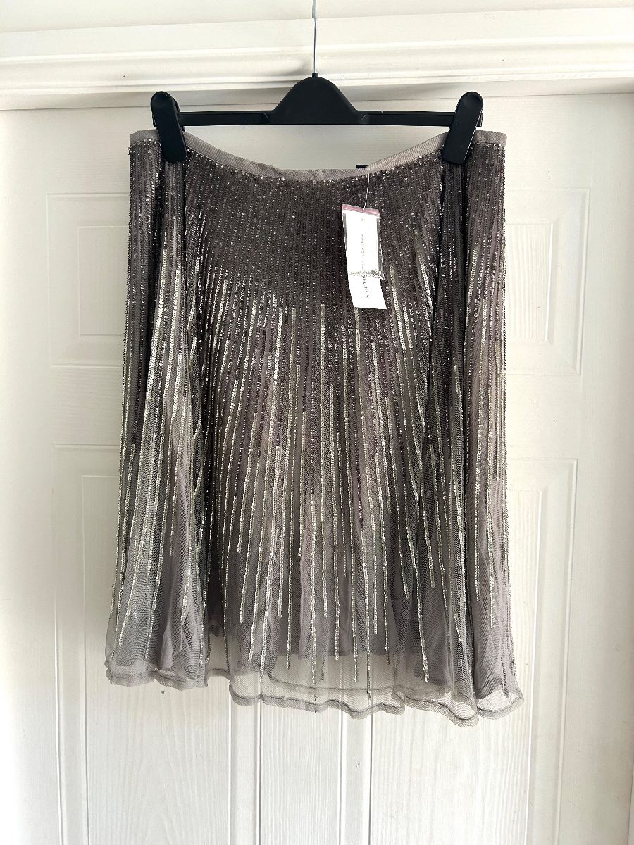 French Connection Grey Silver Sequin Embellished Mesh Skater Skirt UK 16 Hen party Summer