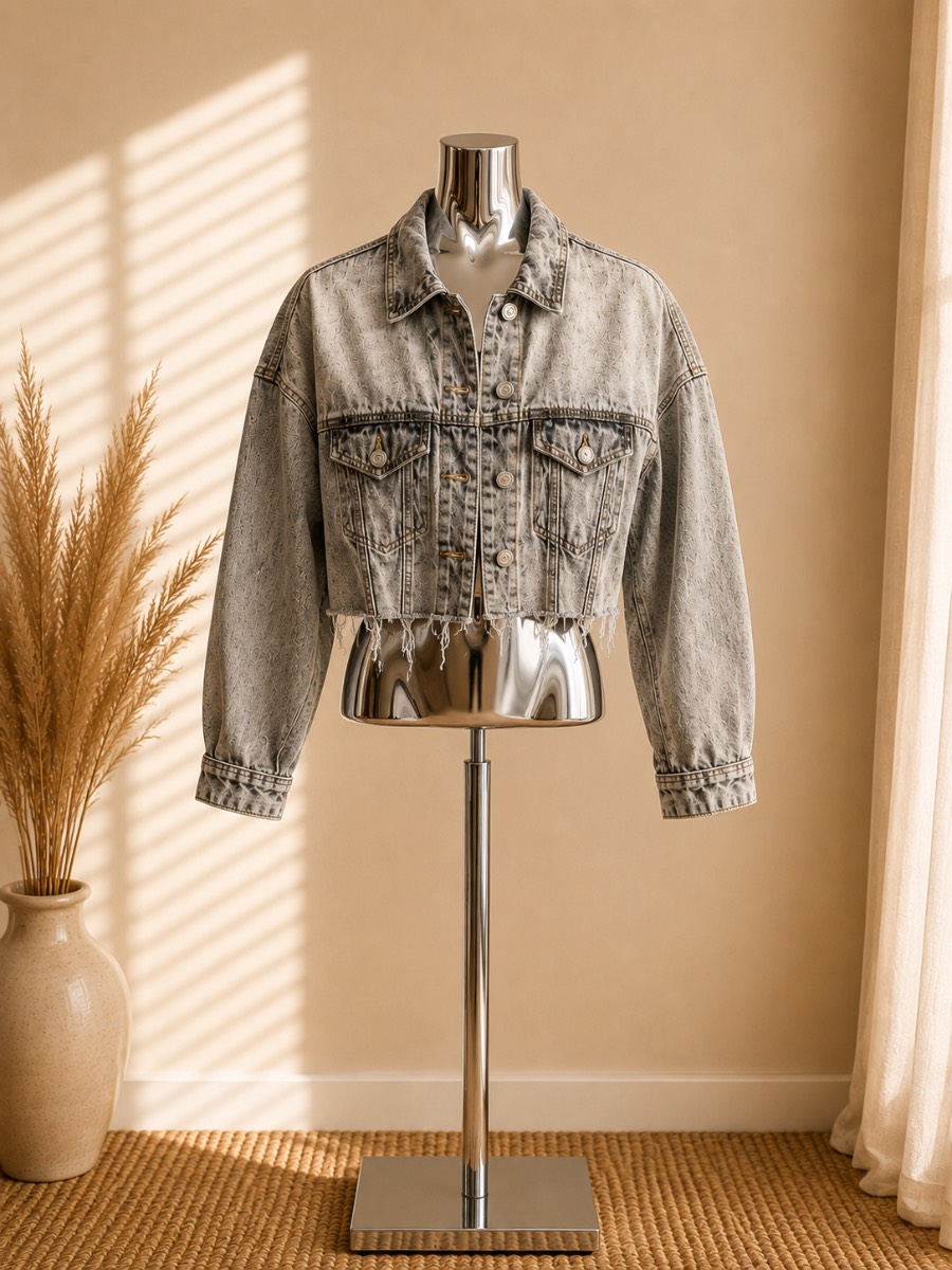 Zara cropped grey distressed denim jacket size xs