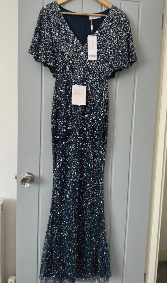 Beauut Mermaid embellished maxi dress featuring a V-neck and flutter sleeves