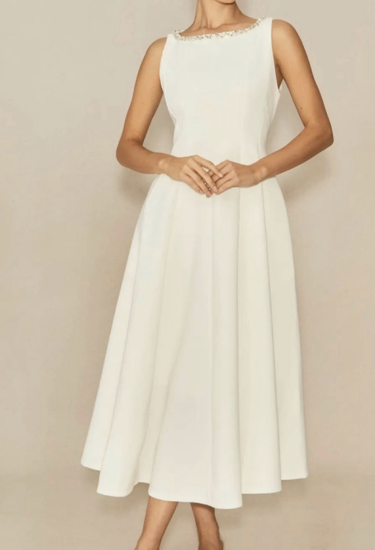 Sunfere Captured Your Heart White Embellished Sleeveless Midi Dress Bridal Graduation  with Pockets