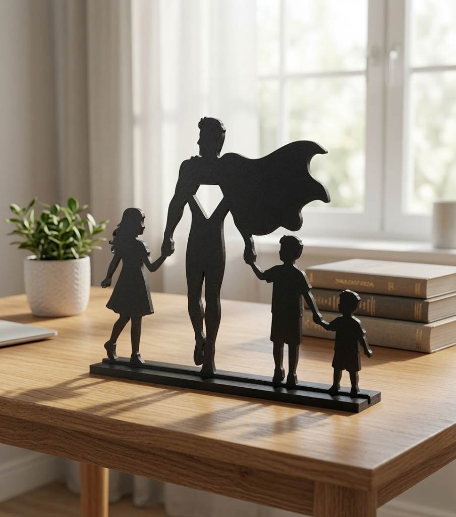 Fathers day gift. Dad and kids. Black silhouette orement