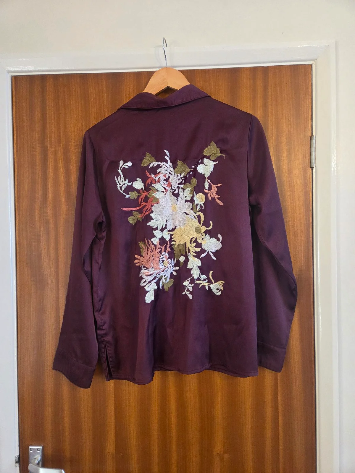 ASOS Maroon Long Sleeve Shirt Blouse Floral Embroidered Back Size 12