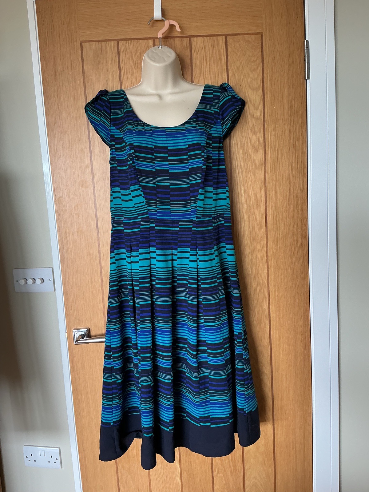Green And Blue Striped Short Sleeve Midi Dress From Per Una M&S Size 12