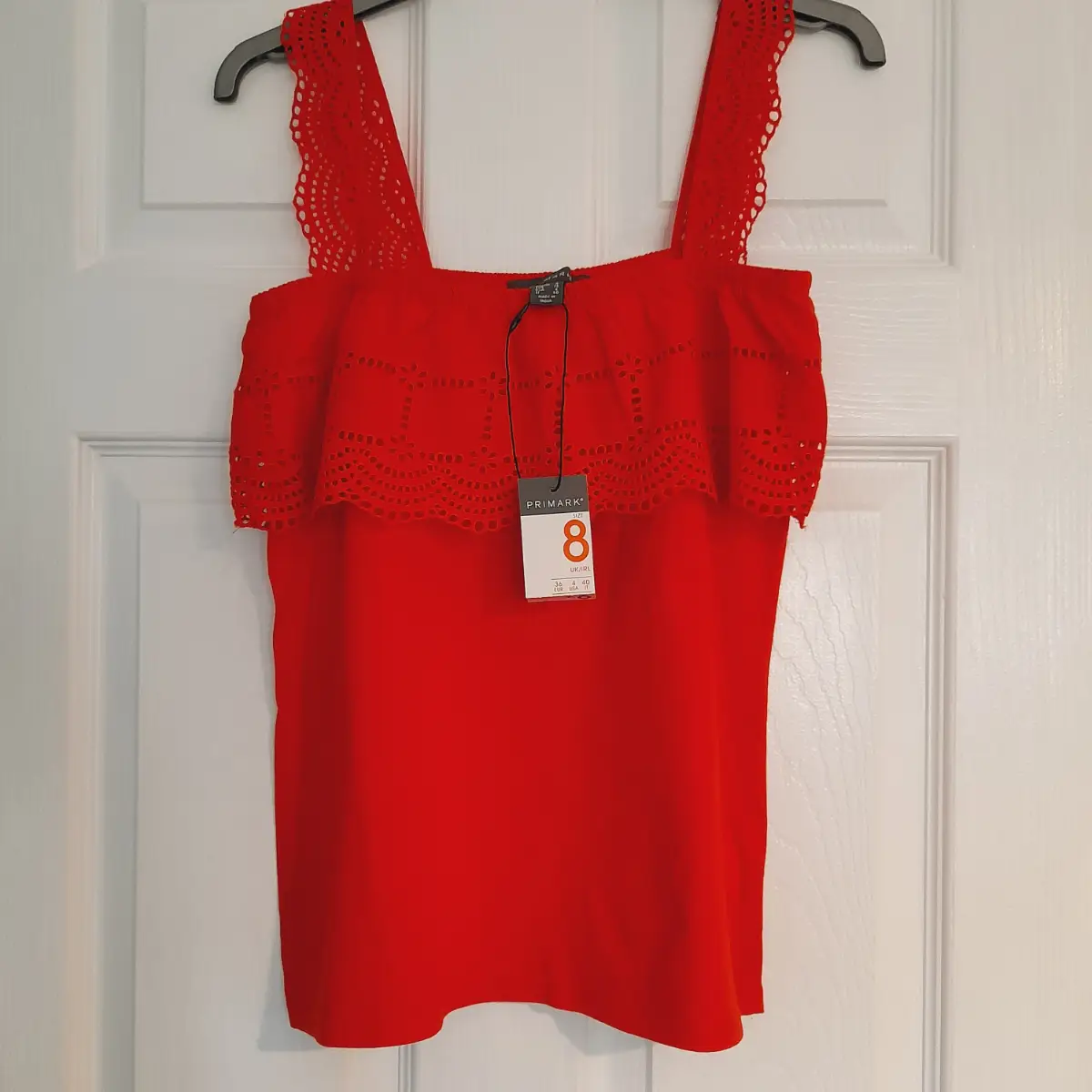 Primark pretty orange-red broderie anglais trim top, new with tags, Size UK 8, length 24"
