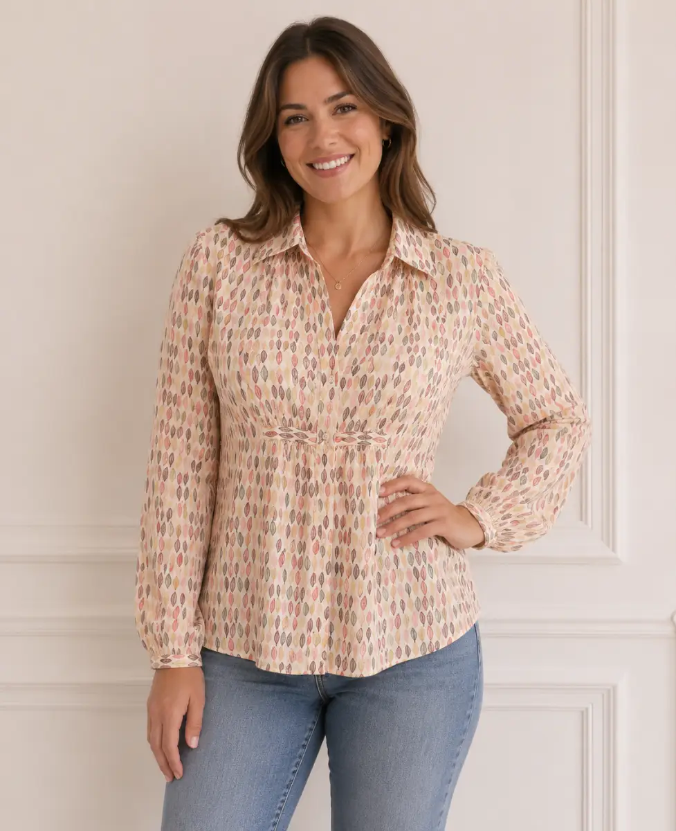 Laura Ashley Blouse Shirt White Multi 100% Cotton Leaf Pattern Long-sleeves, Size UK 10, VGC