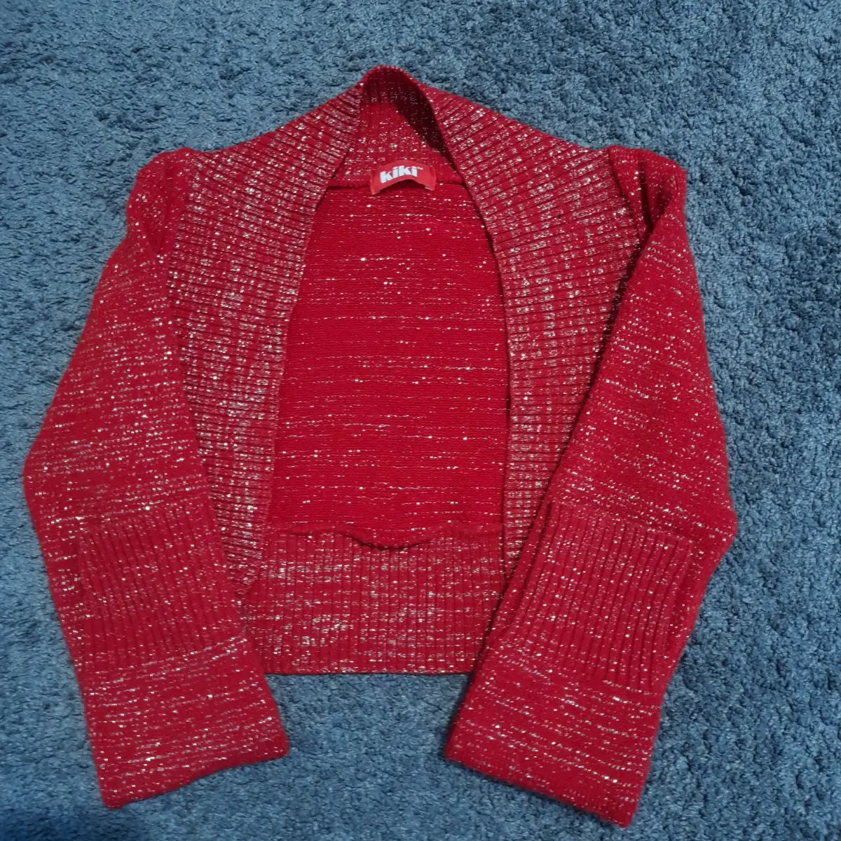 KIKI Vintage lovely little red with silver thread shrug bolero cardigan, long-sleeves, Size M/L £8.0