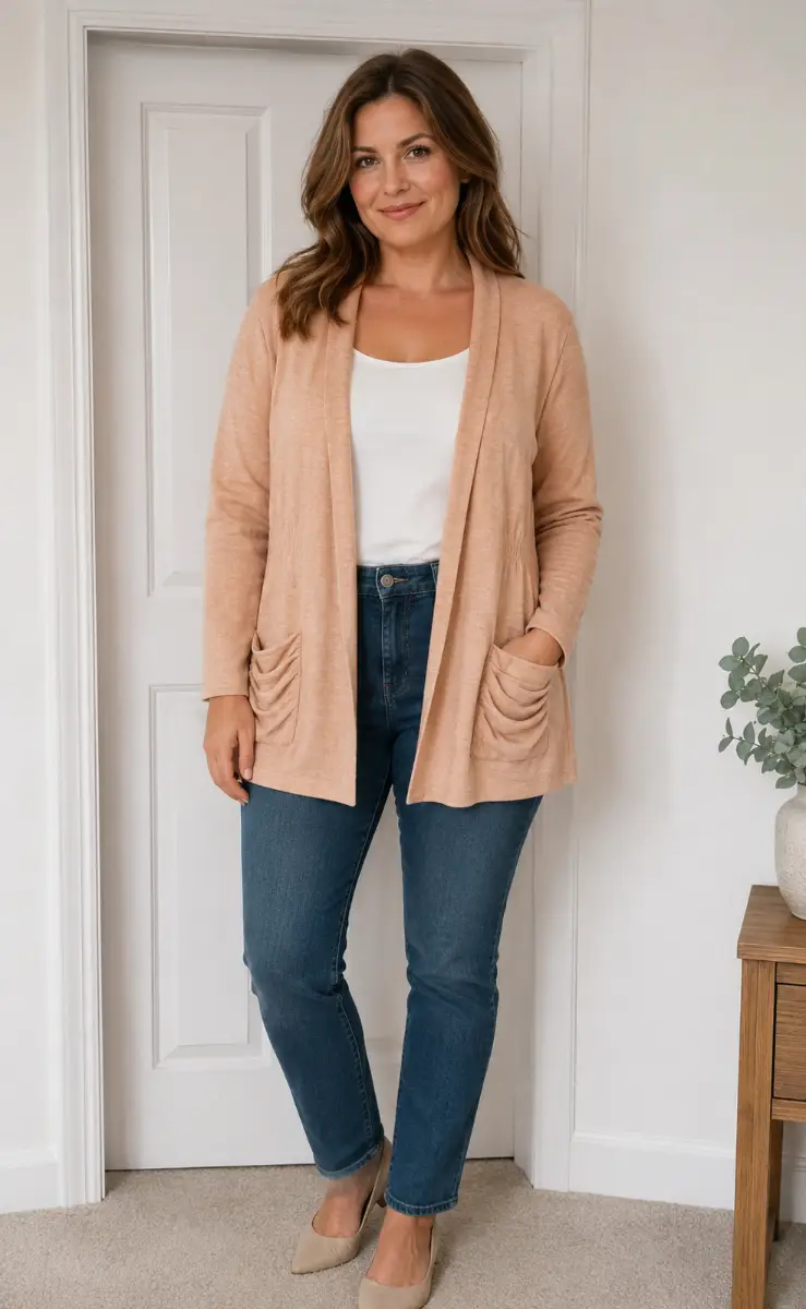 Kenar Long Cardigan Beige 100% Merino Luxurious Soft Wool Fine-Knit Long-Sleeves Size UK Medium