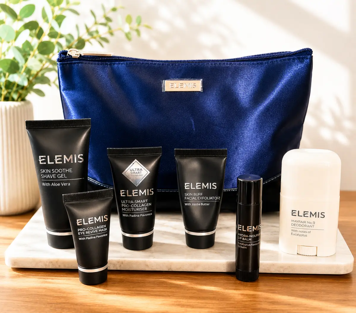Elemis Midnight-Blue Large Zipped Cosmetic Holiday Travel Bag Inc 6 Travel Mini Face Care