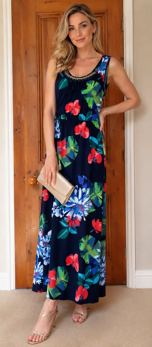 George Maxi Dress Navy Blue Floral Summer Sleeveless Size UK 8 VGC