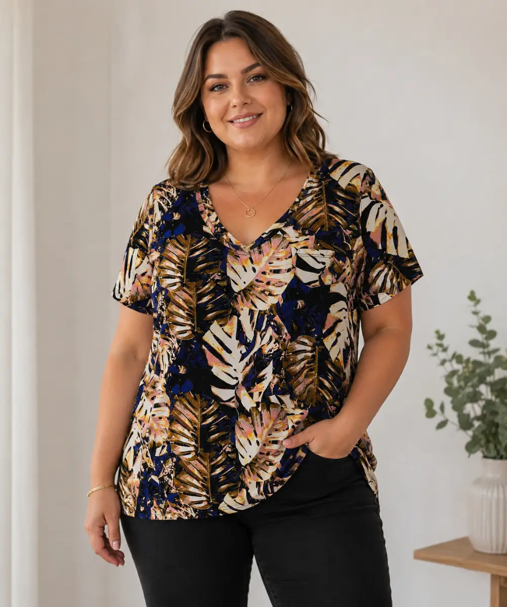 Marks & Spencer T-shirt Top Blue Tropical Print Cotton Jersey Short-sleeves, Size UK 12, VGC