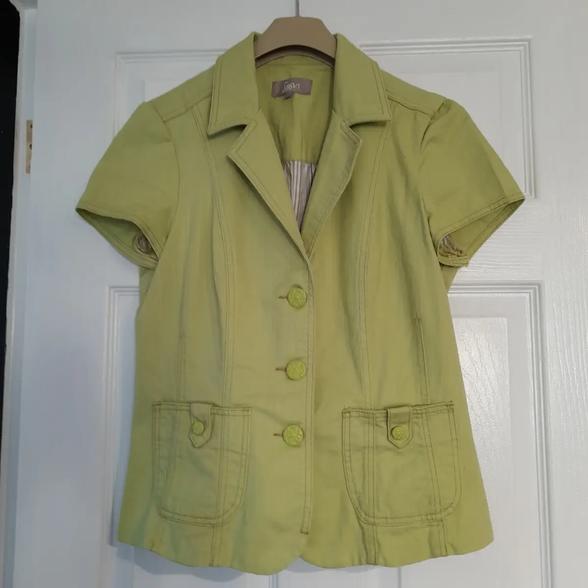 Soon lovely lime-green cotton blazer jacket, short-sleeves, 2 front pockets, Size UK 12, length 23"