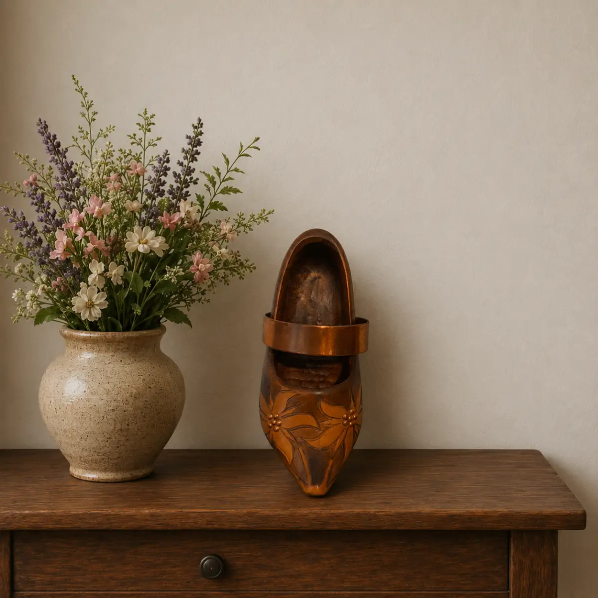 Eldé Vintage Pocket Clog Hand Carved Wooden and Copper Flower Decorative Wall Hanging Hook Retro VGC