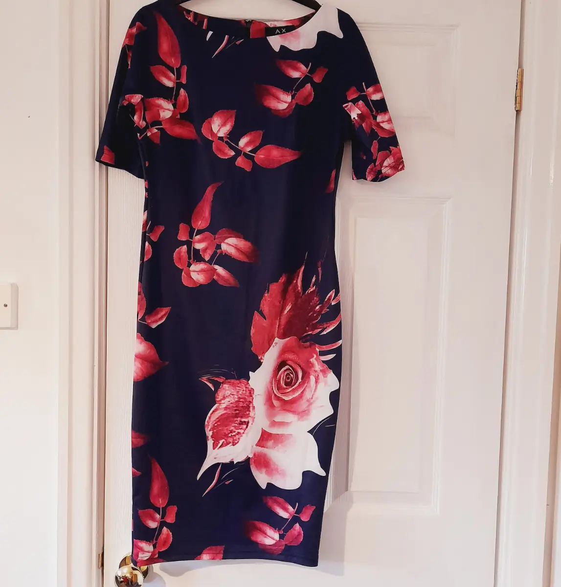 AX Paris Navy Blue and Pink Rose Pattern Summer Dress, Short-sleeves, New, Size UK 12