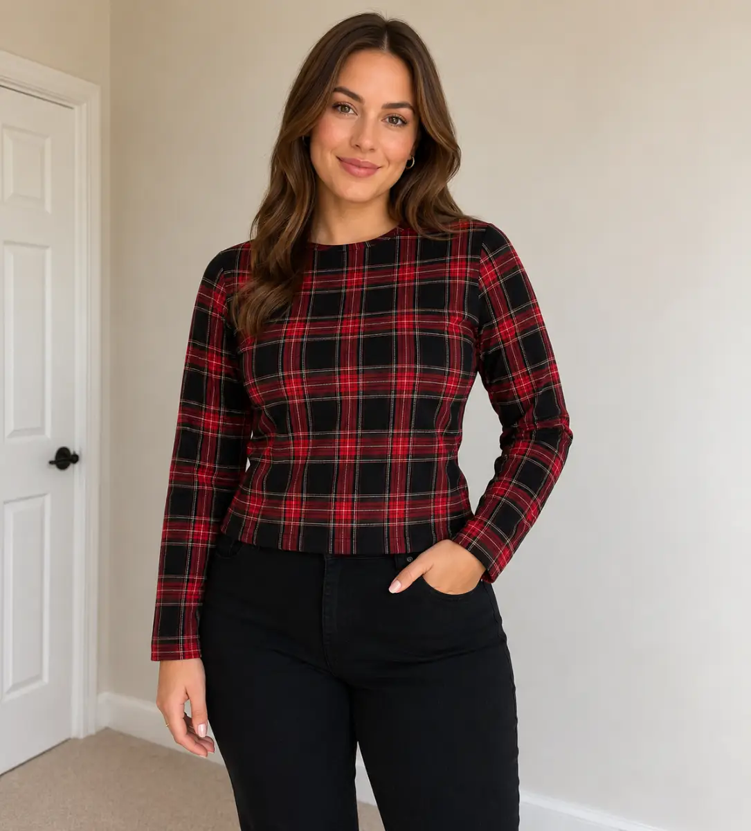 Joe Browns Top Red And Black Tartan Long-sleeves Round neck Size UK 12 NWOT