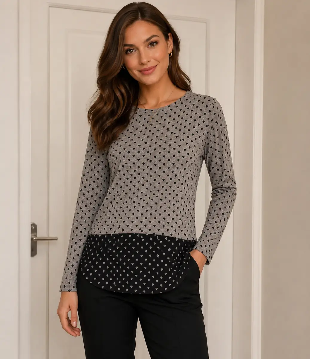 Izabel London Jumper Top Grey & Black Heart Pattern Long-sleeves Size UK 8 VGC