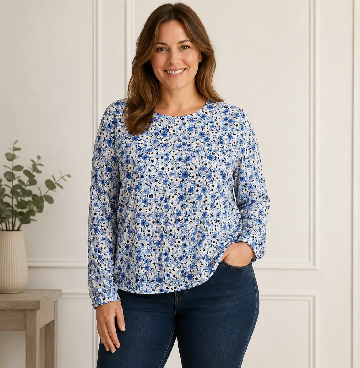 Isle T-shirt Top Cornflower Blue Floral Ditsy Print Long-sleeves Size UK 14-16, length 26" NEW