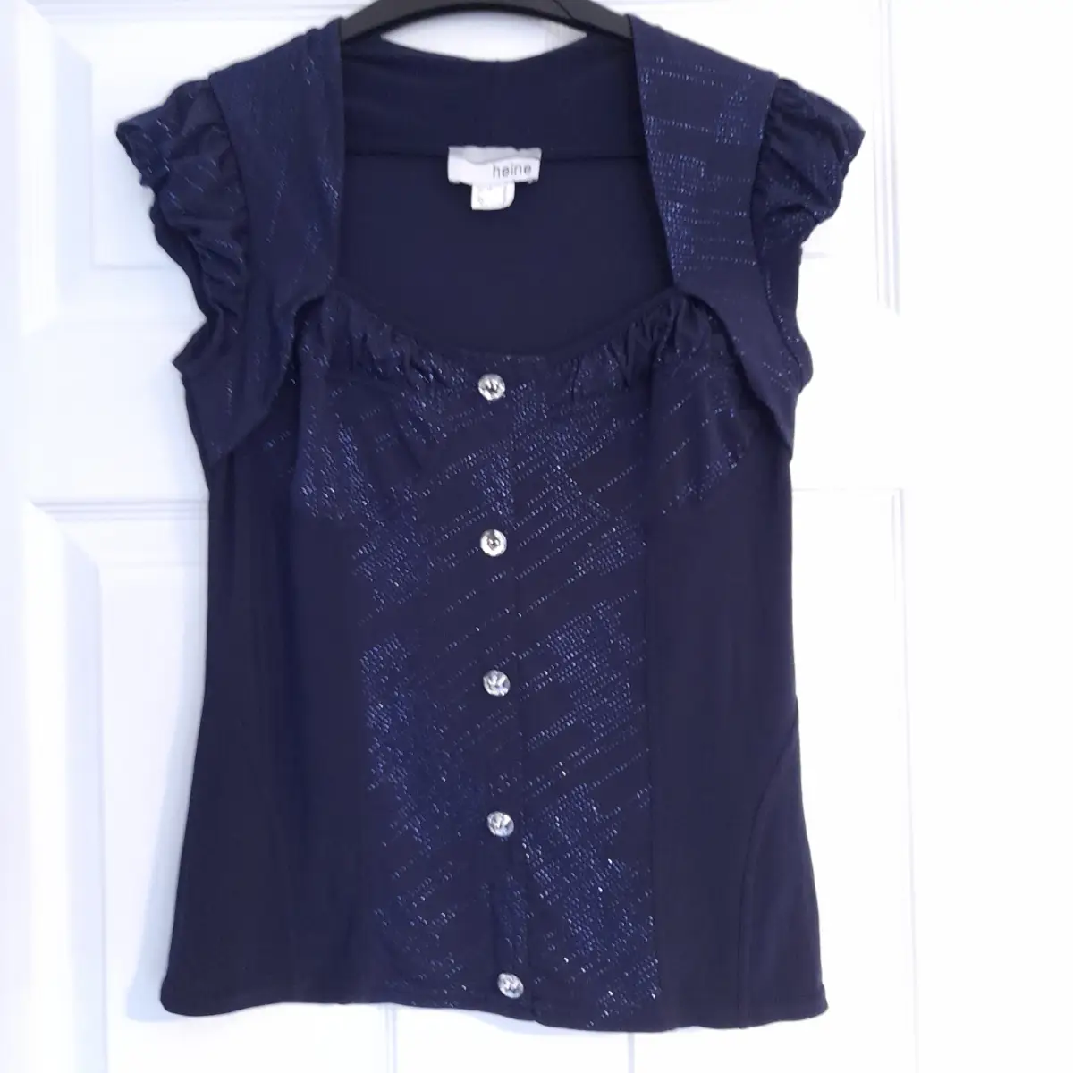 Heine lovely navy blue sparkle top, short puff sleeves, Size UK 12, length 23" width 13" VGC