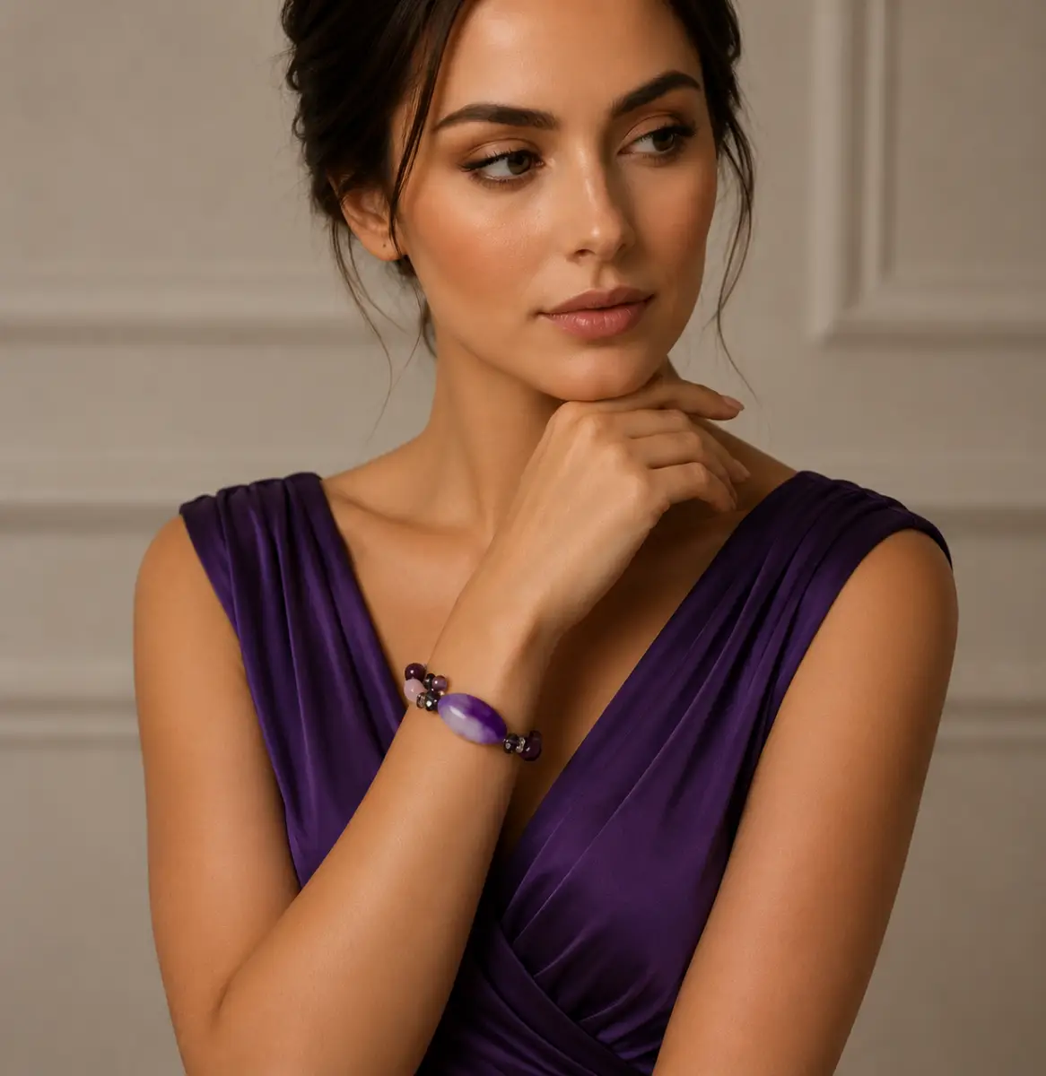 Vibrant Purple Bracelet Jewelled Bead Stretch Wedding Holiday Occasionwear VGC