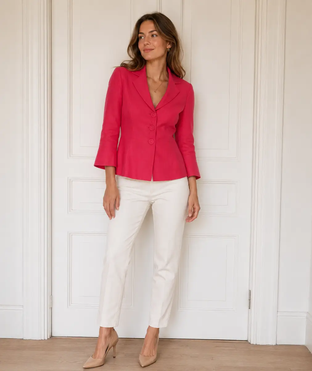 Laura Ashley Blazer Jacket Cerise Pink 100% Linen 3/4 Sleeves Lined Size UK 10 VGC