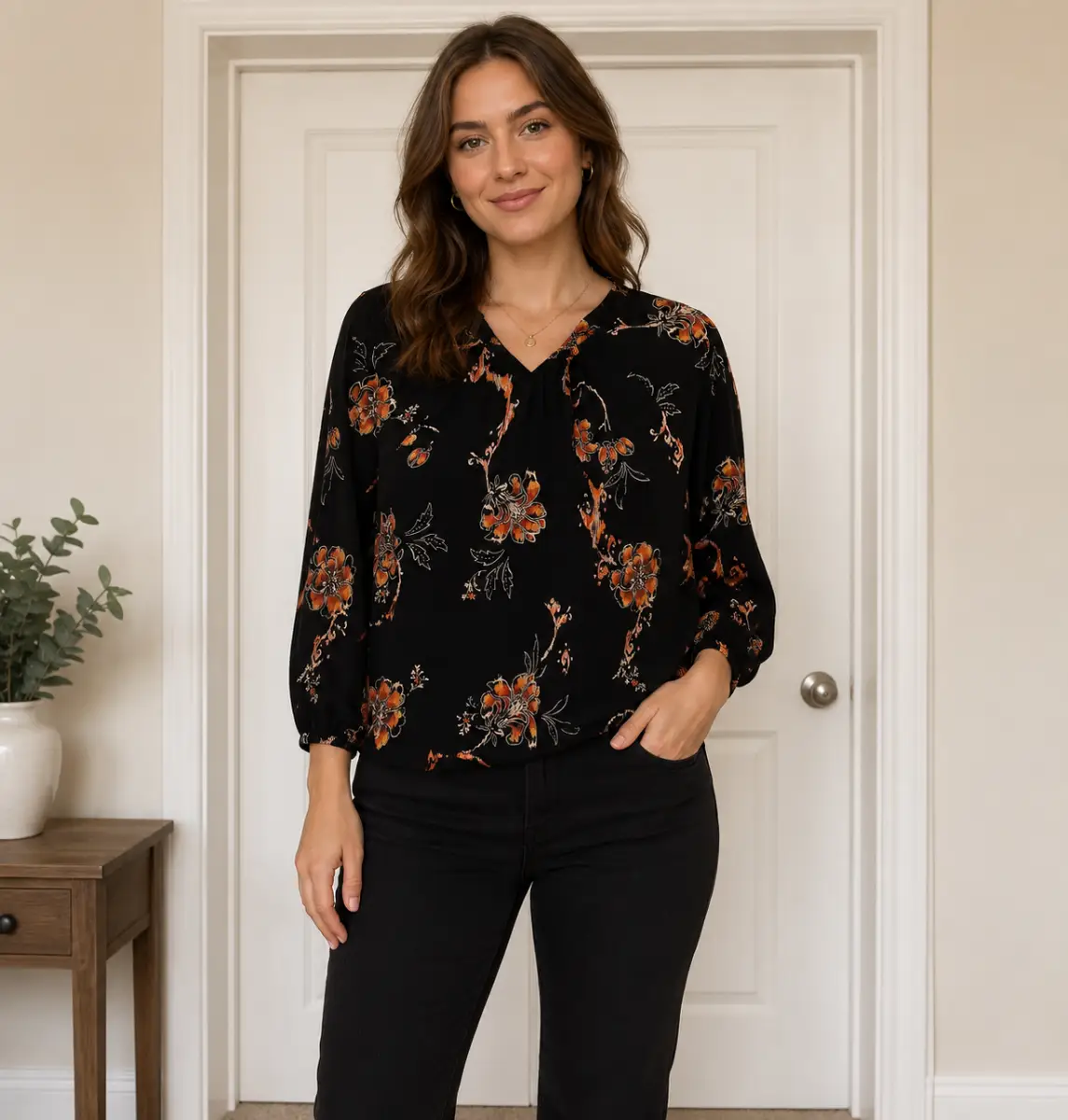 FatFace Blouse Top Black Floral Print Long-sleeves Round Neck Size UK 8 VGC