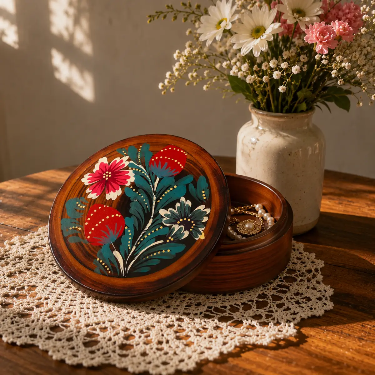 Vintage Jewellery Trinket Box Unique Wooden Crafted Flora and Fauna Woodland Painted Round VGC