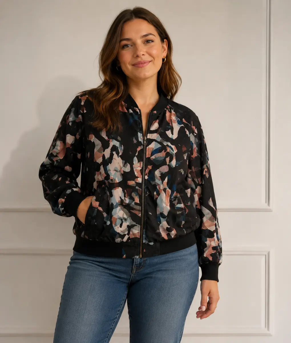 French Connection Bomber Jacket Black Multi Camouflage Print Long-sleeves Lined Size UK 16 VGC