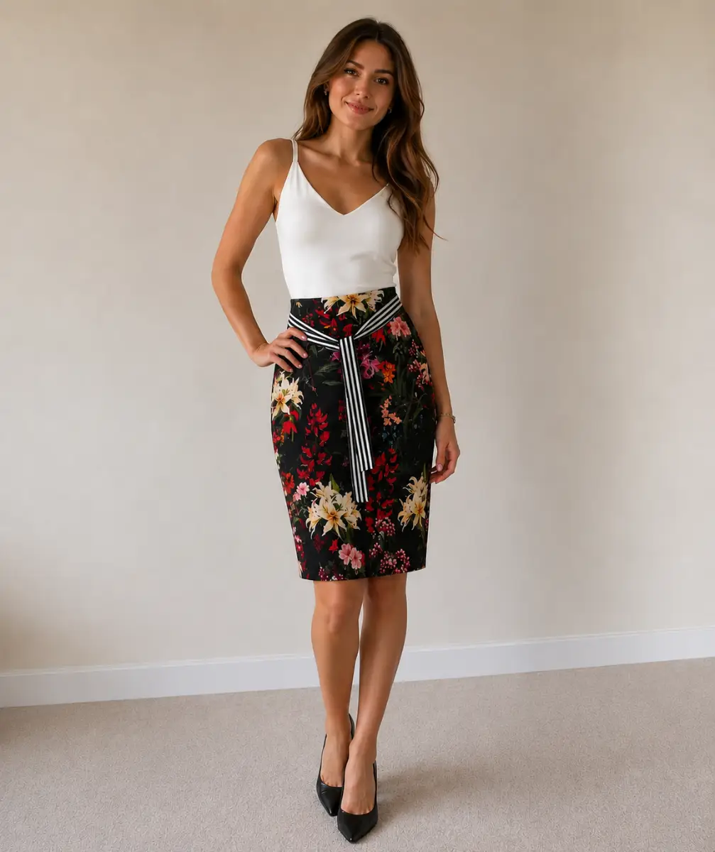 Marella Skirt Black Tropical Print Cotton Straight Silk Tie-belt Lined Size UK 10 VGC