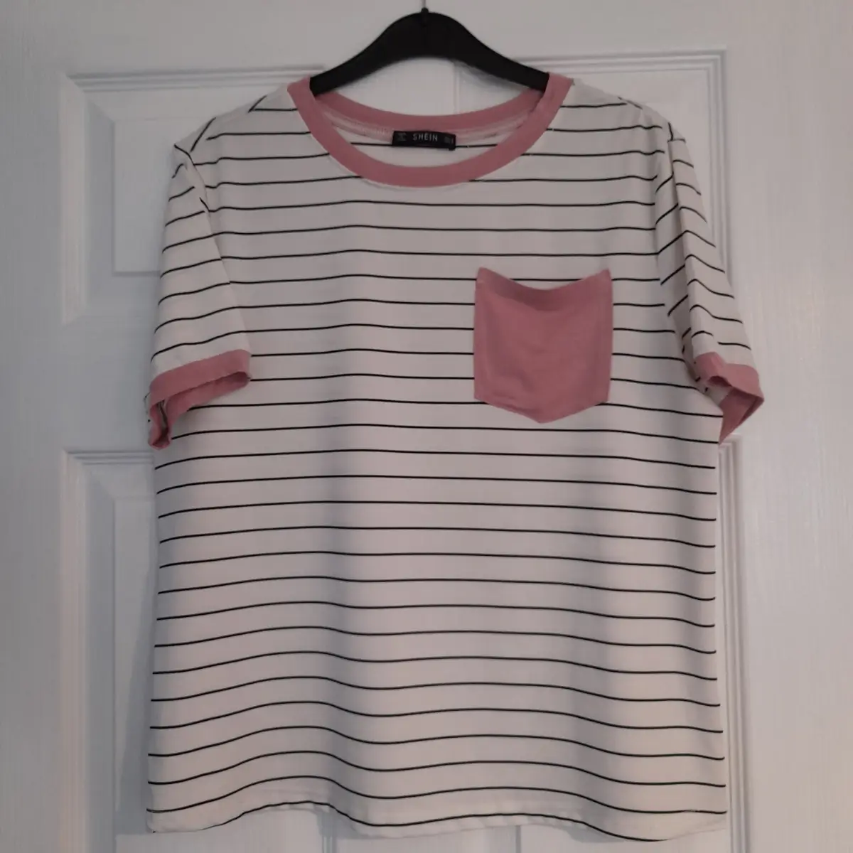 Shein cute little white striped pink trim t-shirt top, short-sleeves, front pocket, Size UK 8 VGC